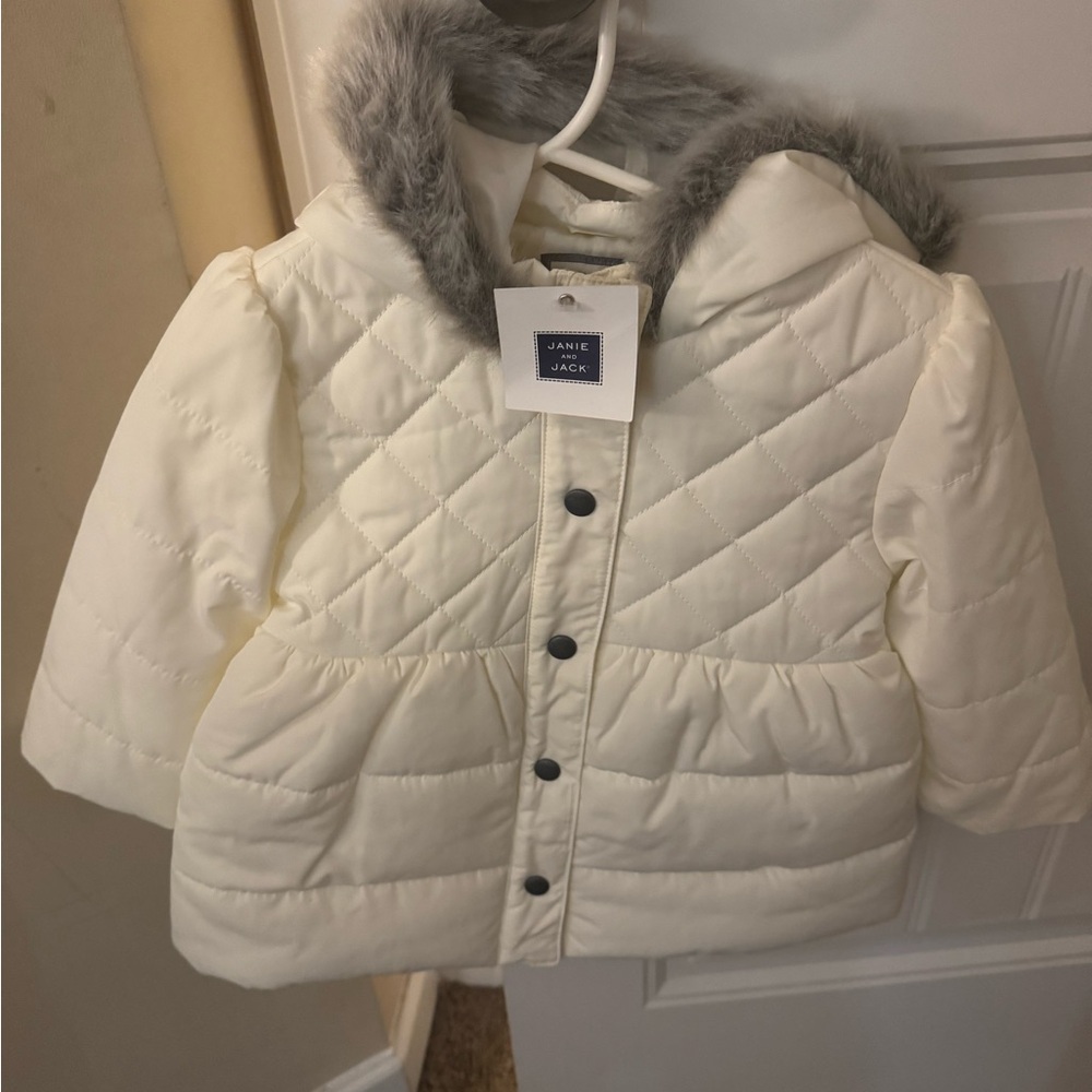 Janie and Jack White Puffer Jacket with Faux Fur Trim